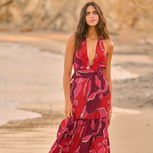 Maaji Dreamy  Halter Maxi Dress Red Foliage Beachy Coastal Boho Women's Sz M B12 - Picture 1 of 10